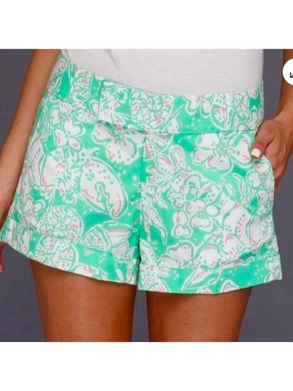 Lilly Pulitzer Green Floral Barclay Shorts Size 00 Resortcore Summer Fashion
